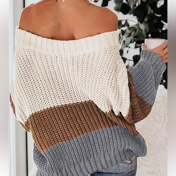 Sexy white, brown, and grey off-shoulder color block sweater - Picture 2 of 10